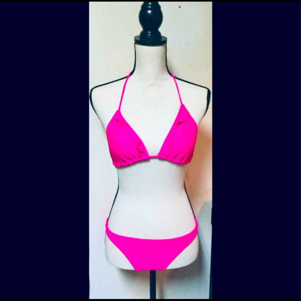 Hot Pink Classic String Bikini w/ Top Ruffles, S